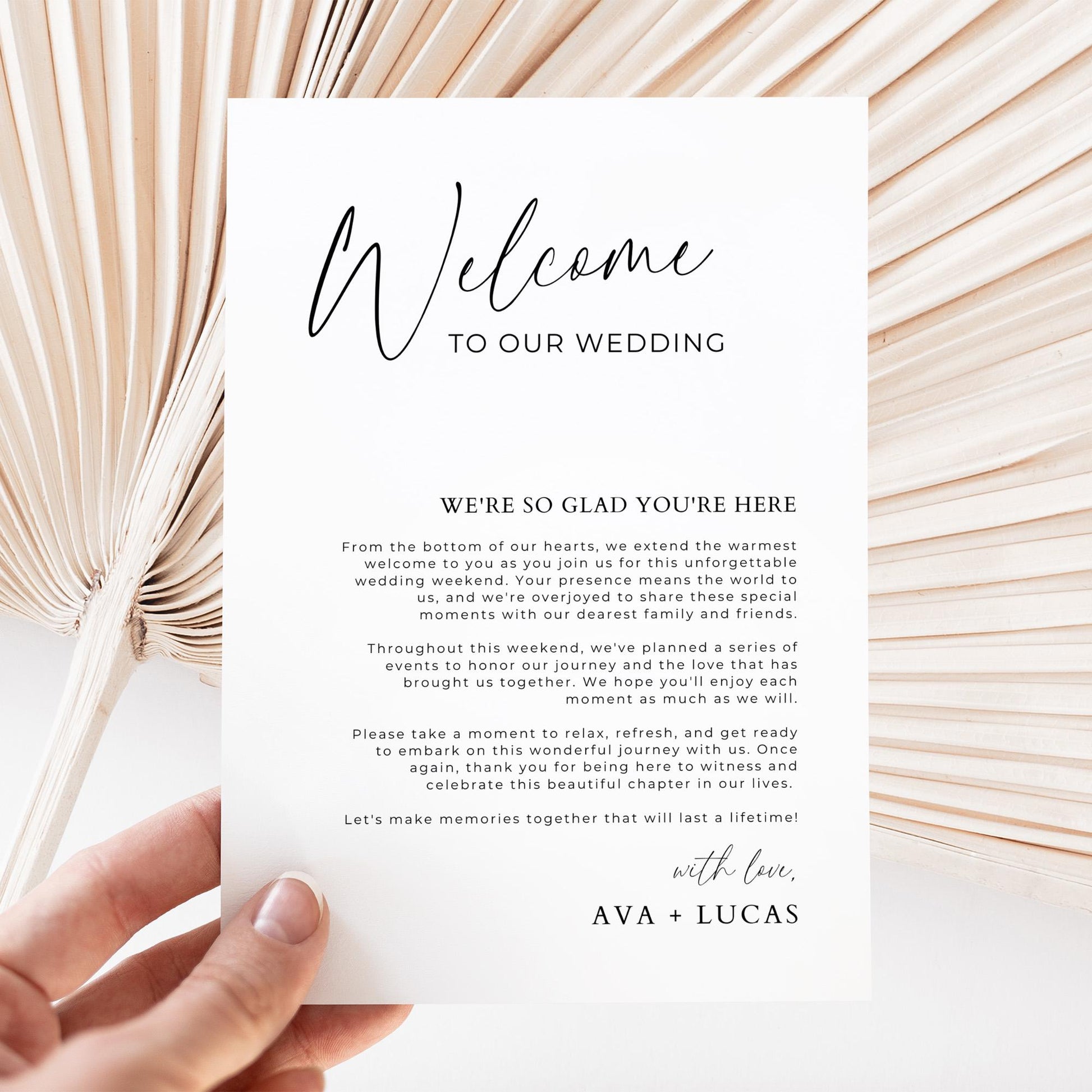 Welcome Bag Thank You Note Template with Wedding Weekend Itinerary, Modern Minimalist Schedule of Events Timeline Card for Hotel Guests