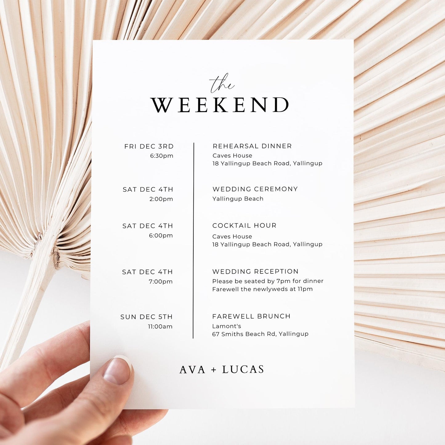 Welcome Bag Thank You Note Template with Wedding Weekend Itinerary, Modern Minimalist Schedule of Events Timeline Card for Hotel Guests
