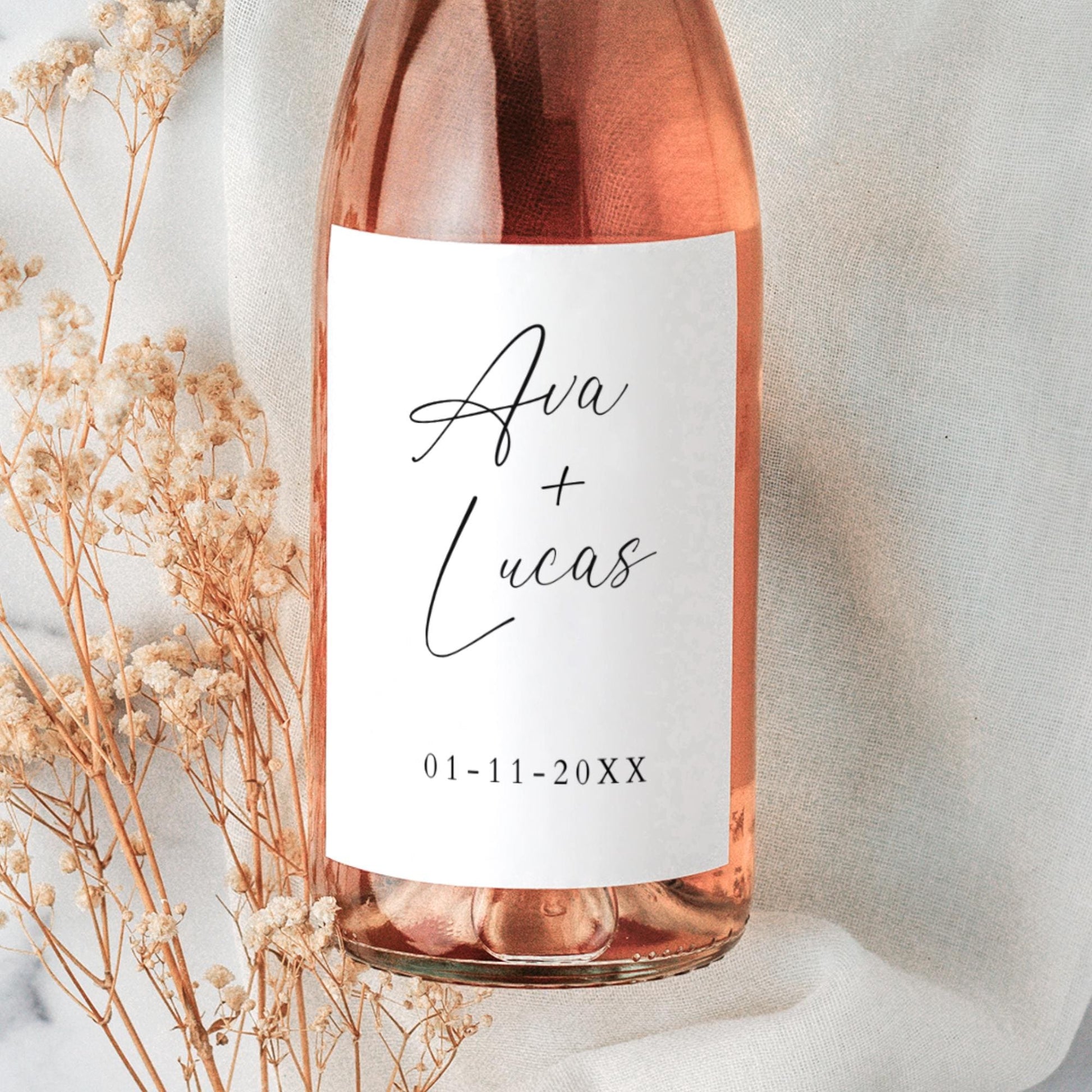 Wedding Wine Bottle Label Template, Minimal Printable Champagne Stickers for Wedding Reception, Customizable Modern Wine Bottle Labels