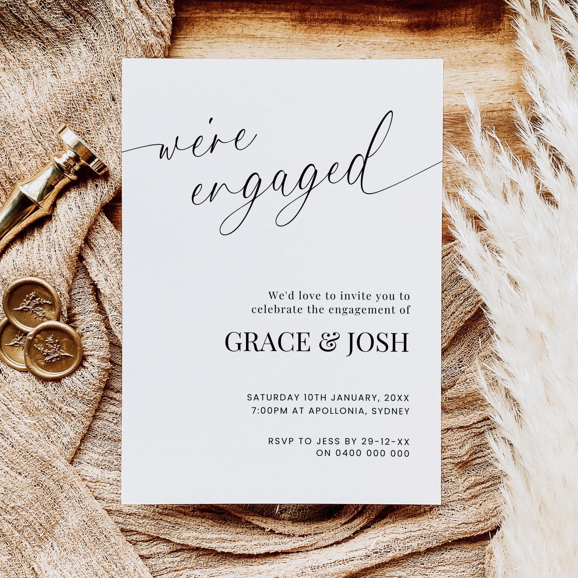 Engagement Party Invitation Template, Elegant Script We’re Engaged Invite, Modern Minimalist Customizable Printable Engagement Announcement