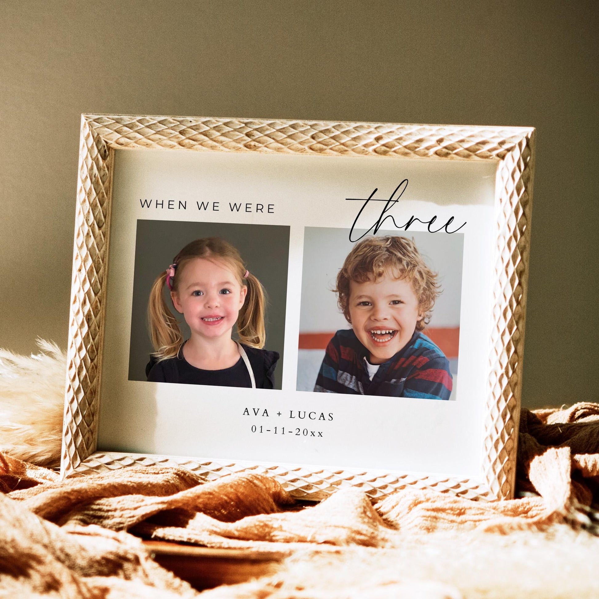 Horizontal wedding table number feautring the text &#39;when we were&#39; and the age three. Below are two photos, one with the bride at 3 years old and one with the groom as a three year old.