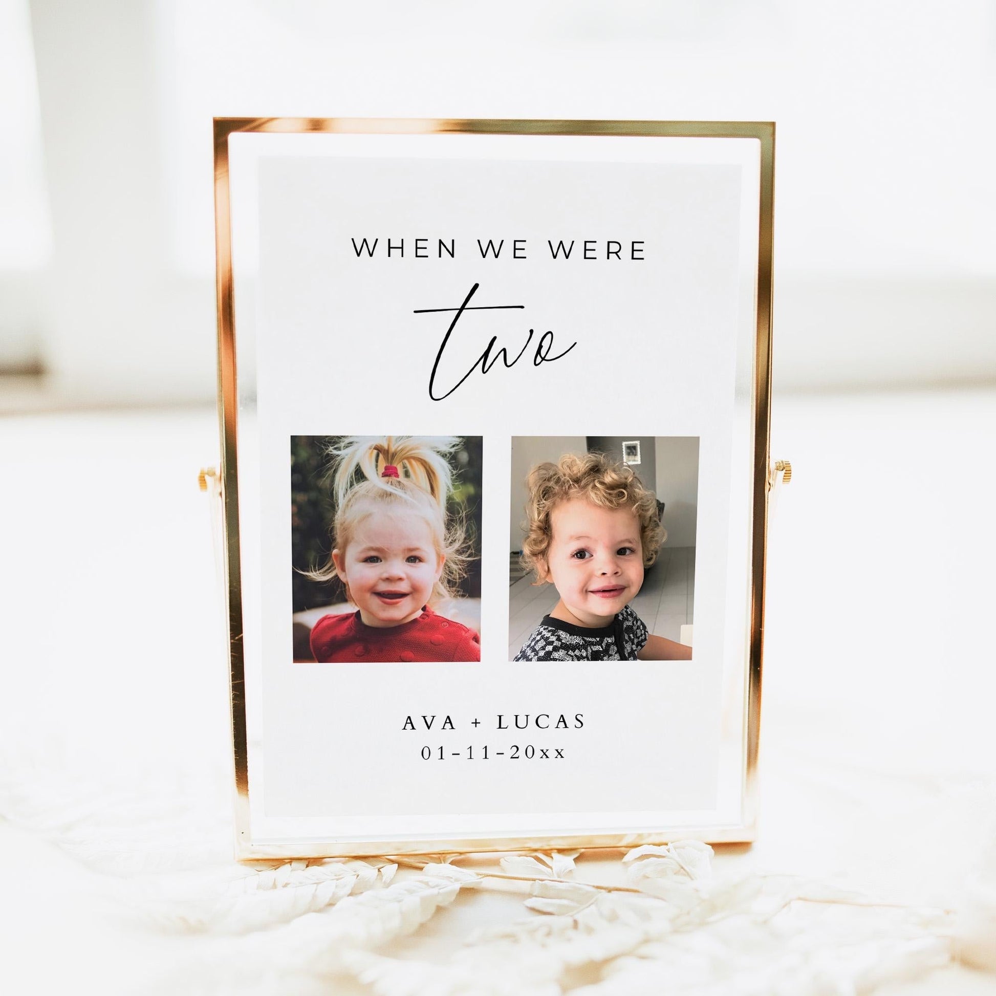 Table number featuring the text &#39;when we were&#39; and the age two. Then with two photos of the couple, each at two years of age.