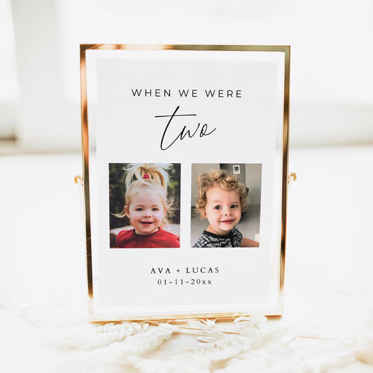 Table number featuring the text &#39;when we were&#39; and the age two. Then with two photos of the couple, each at two years of age.