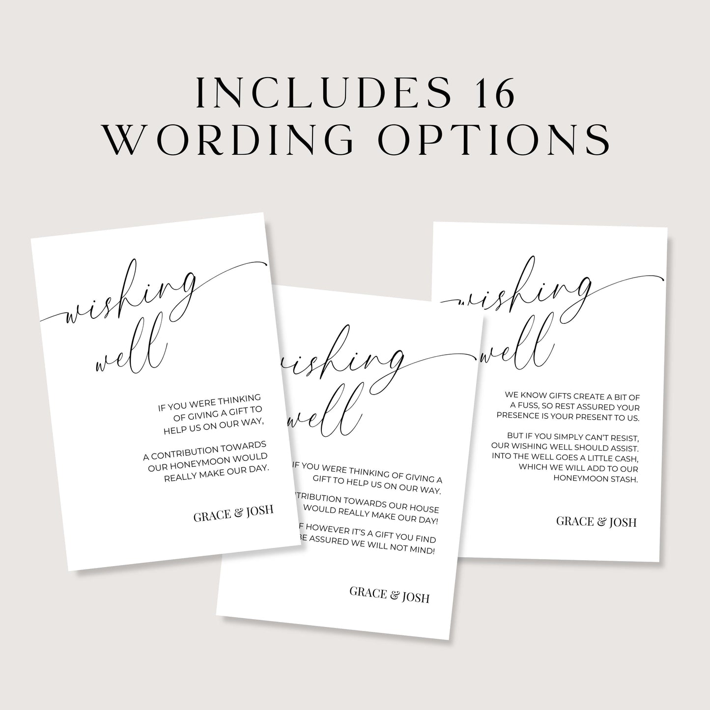 Includes 16 different wording options for the wedding wishing well