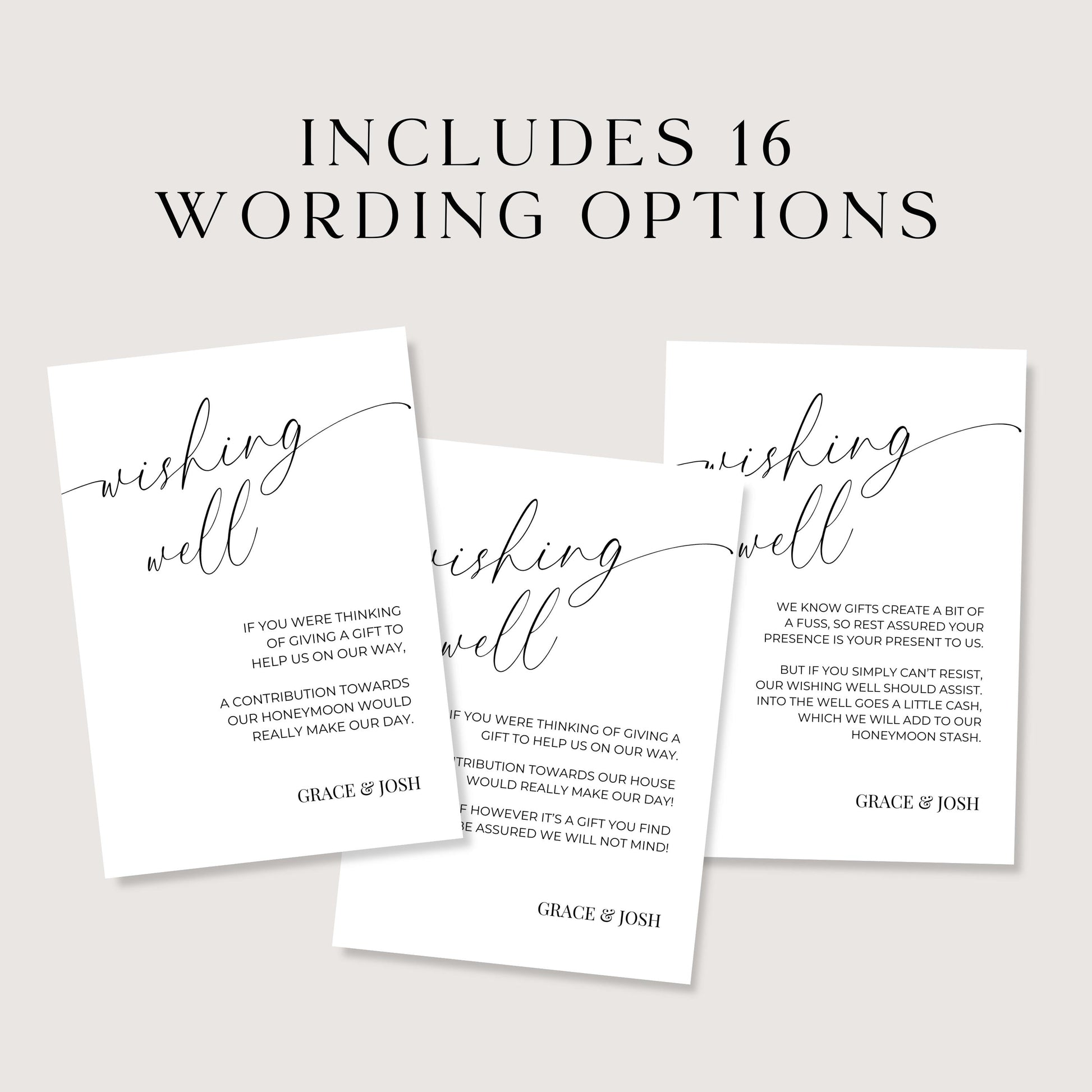 Includes 16 different wording options for the wedding wishing well