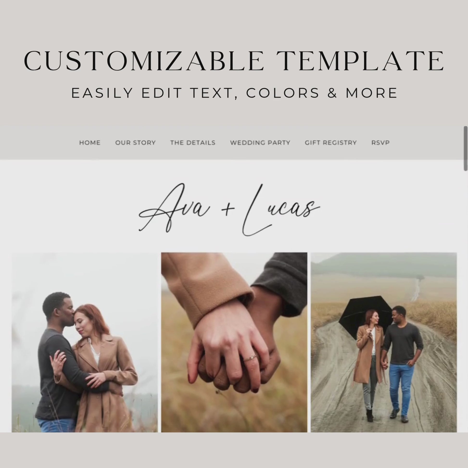 Short video showing how to customize a wedding website template using Canva. The screen recording walks through editing text, changing fonts and colors, and previewing the final design. Demonstrates the ease of use and flexibility of editable templates.