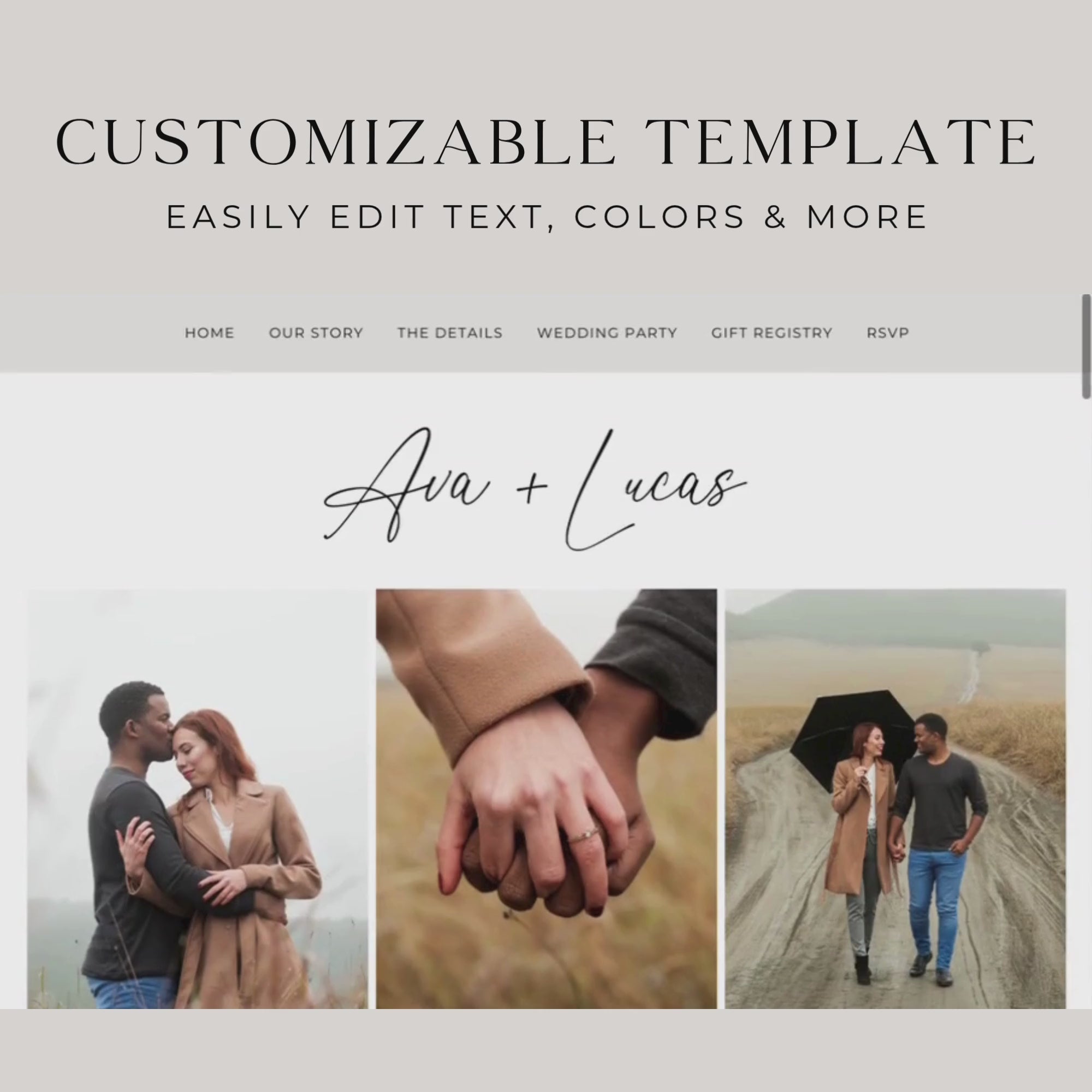 Short video showing how to customize a wedding website template using Canva. The screen recording walks through editing text, changing fonts and colors, and previewing the final design. Demonstrates the ease of use and flexibility of editable templates.