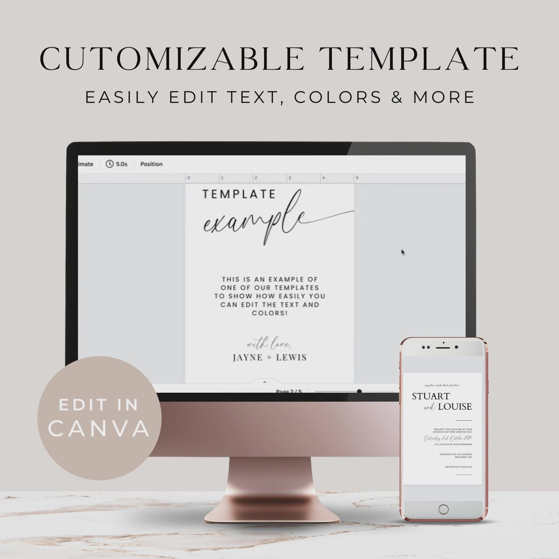 Short video showing how to customize a digital wedding template using Canva. The screen recording walks through editing text, changing fonts and colors, and previewing the final design. Demonstrates the ease of use and flexibility of editable templates.