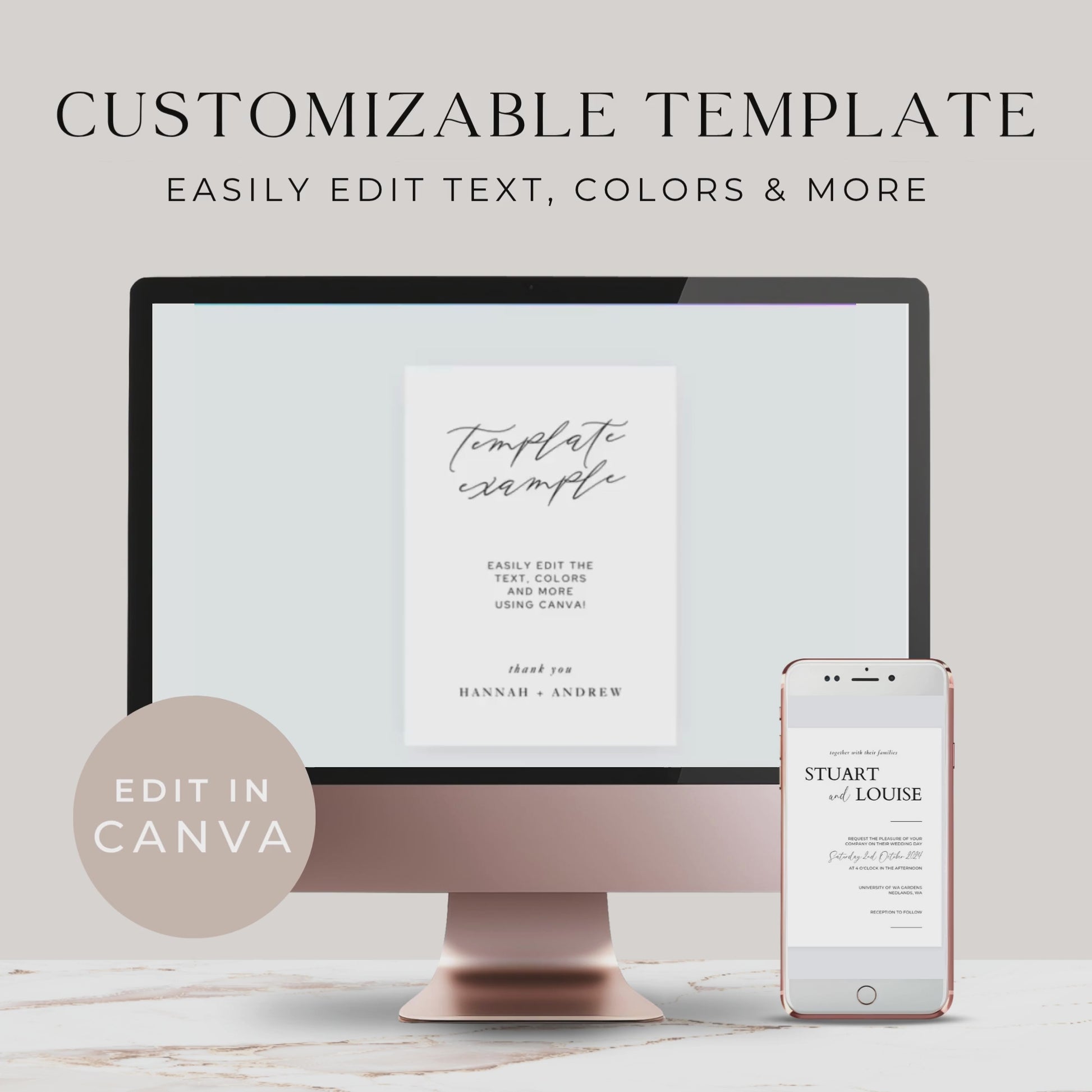 Short video showing how to customize a digital wedding template using Canva. The screen recording walks through editing text, changing fonts and colors, and previewing the final design. Demonstrates the ease of use and flexibility of editable templates.