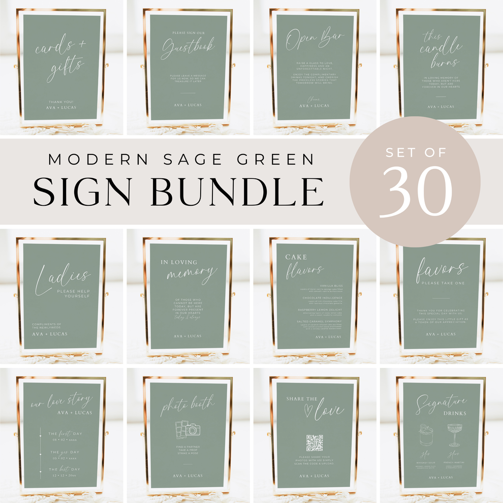 Wedding Reception Signs Template Bundle Sage Green – Amber & Rose ...